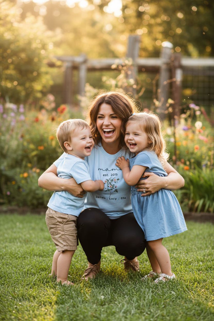 Light blue floral mama T-shirt with 'mama est. 2015' and date text