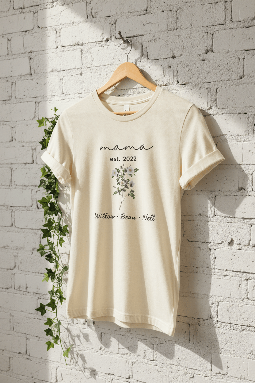 Natural cream T-shirt with “mama est. 2022” script, floral bouquet, and “Willow • Beau • Nell”