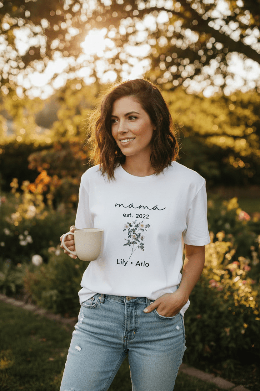 White T-shirt with “mama est. 2022” script, floral bouquet graphic, and “Lily • Arlo” text