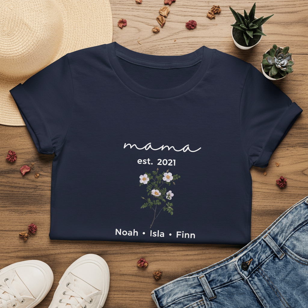 Navy T-shirt with “mama est. 2021” script, small flower bouquet graphic, and “Noah • Isla • Finn”