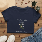 Navy T-shirt with “mama est. 2021” script, small flower bouquet graphic, and “Noah • Isla • Finn”