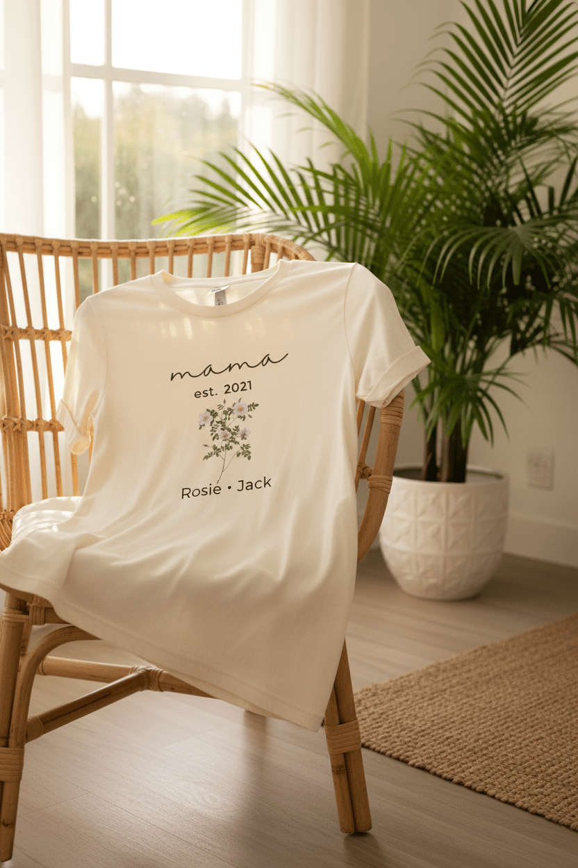Cream T-shirt with “mama est. 2021” script, small floral bouquet graphic, and “Rosie • Jack”