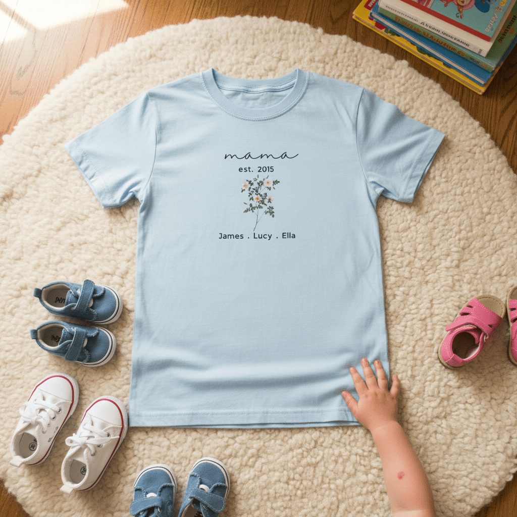 Light blue floral mama T-shirt with 'mama est. 2015' and small name text