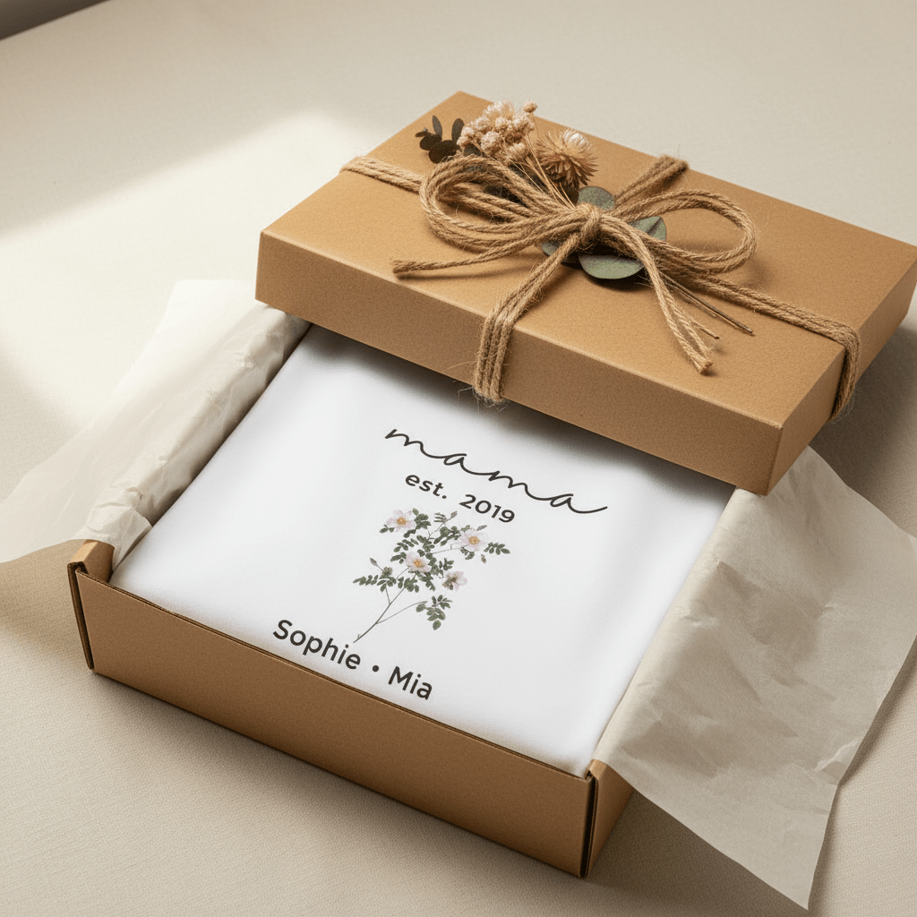 White T-shirt with “mama” script, floral bouquet, and “Sophie • Mia” text on chest