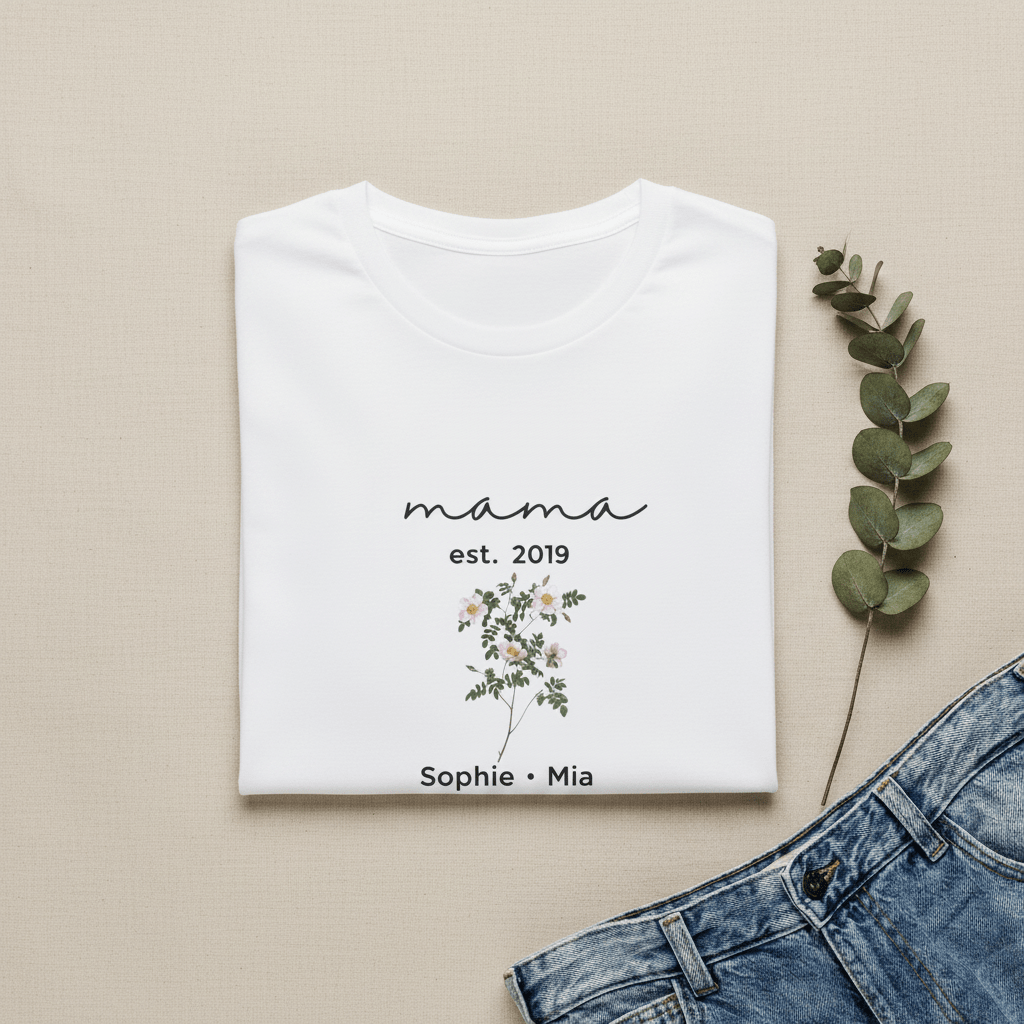 White T-shirt with “mama est. 2019” script, small floral bouquet graphic, and “Sophie • Mia”