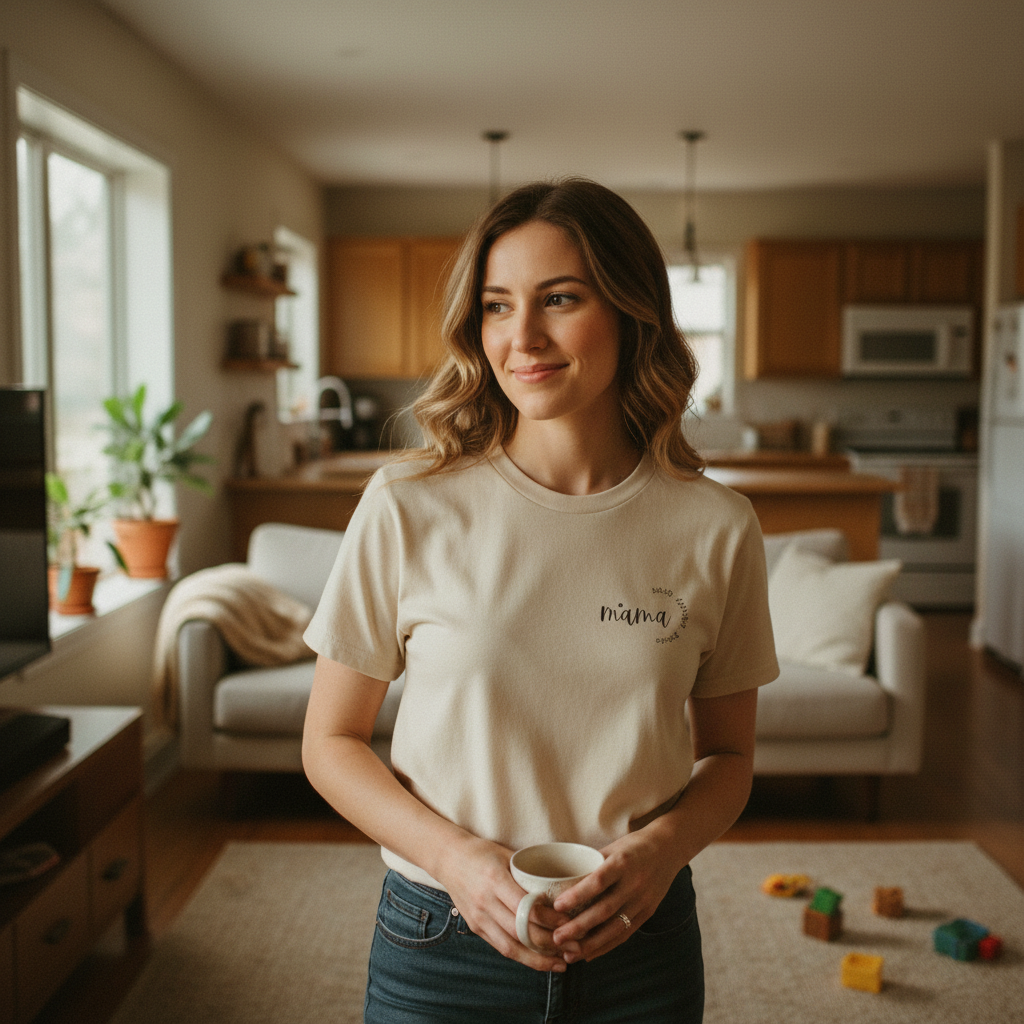 Sand beige mum T-shirt with small chest logo, short sleeves, crew neck