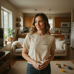 Sand beige mum T-shirt with small chest logo, short sleeves, crew neck