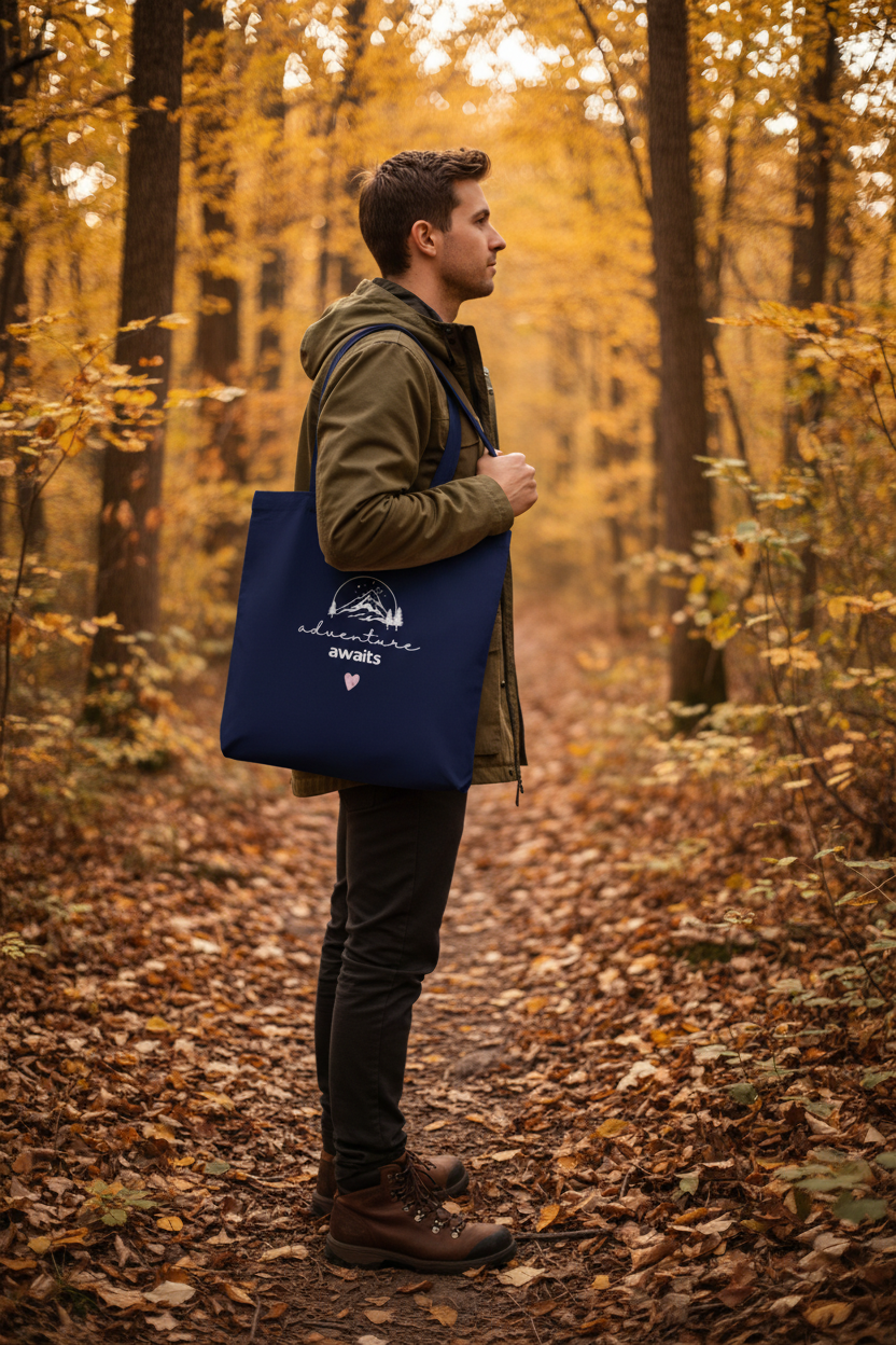 Man Hiking - Navy Tote, Autumn Forest