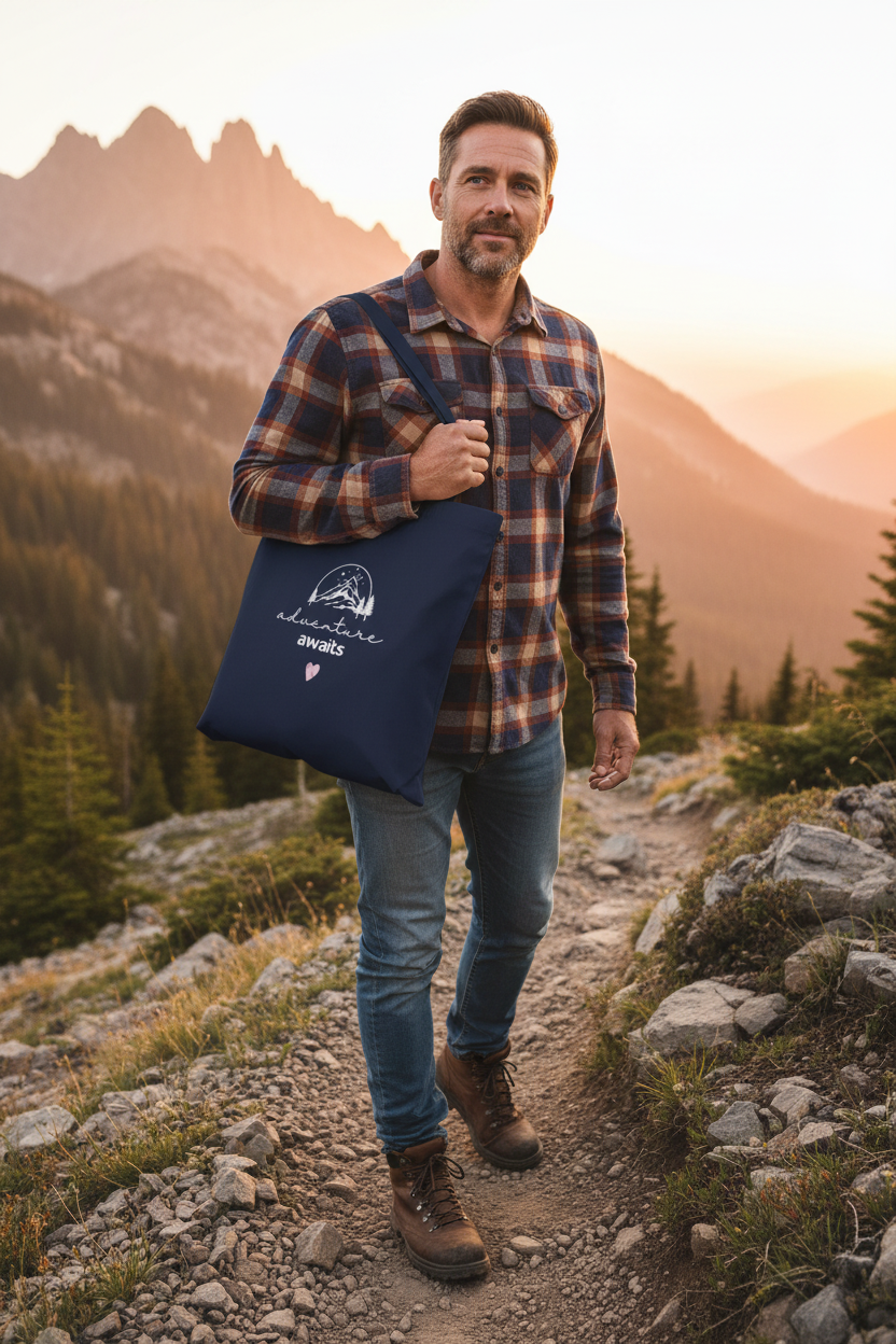 Navy blue cotton tote bag with mountain sketch and pink heart print carried outdoors