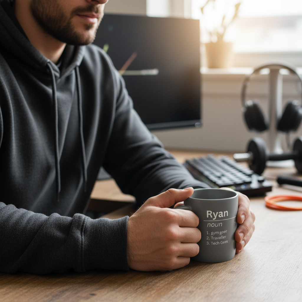 Man's hands holding Ryan mug