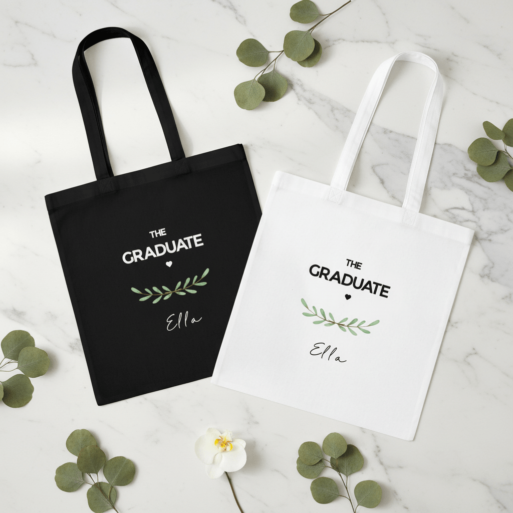 Two graduation tote bags: black and white, each with “THE GRADUATE” and name Ella