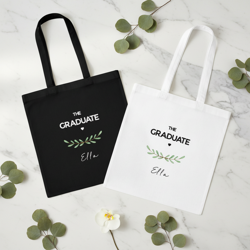 Two graduation tote bags: black and white, each with “THE GRADUATE” and name Ella