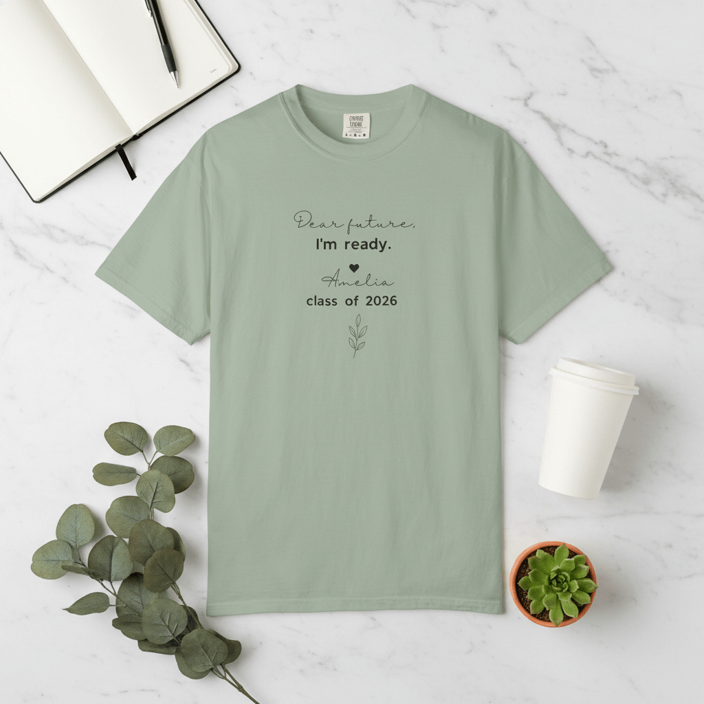 Mint green graduation T-shirt with 'Dear future, I'm ready' and class of 2026 print