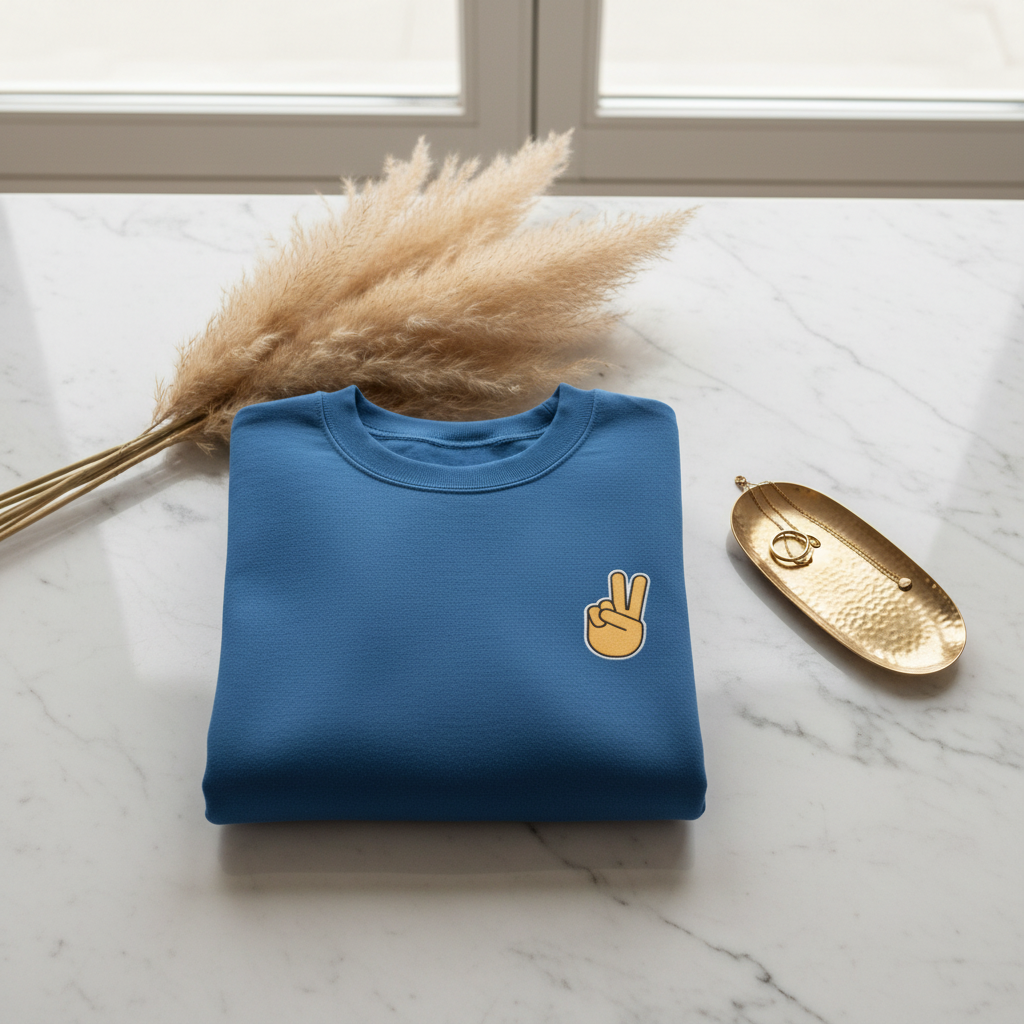 Royal blue sweatshirt folded flat with embroidered peace sign hand