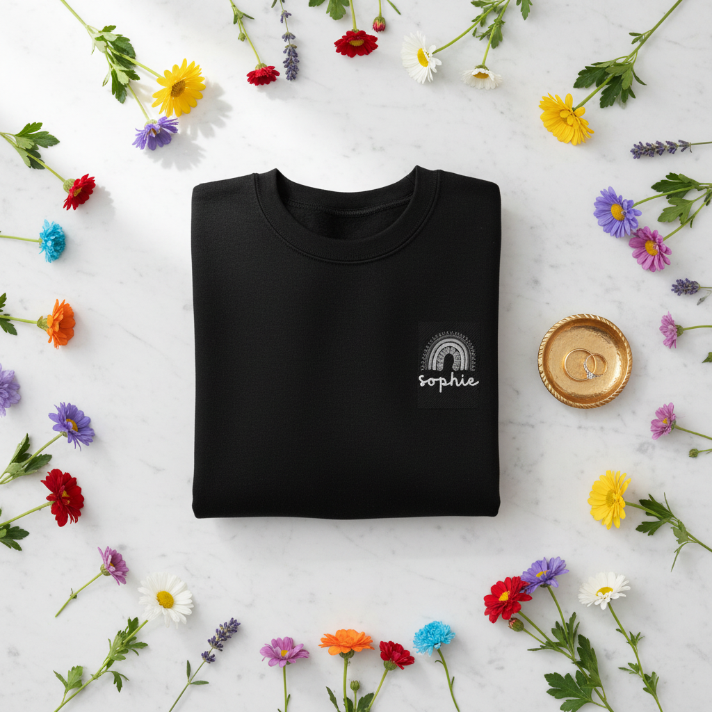 Black sweatshirt with embroidered rainbow arch and name patch, crew neck