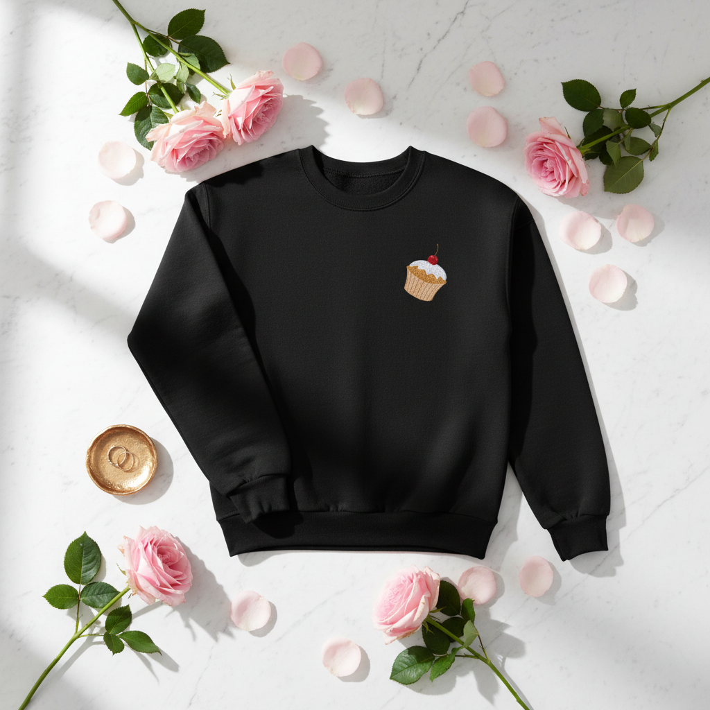 Black crewneck sweatshirt laid flat, featuring an embroidered cupcake