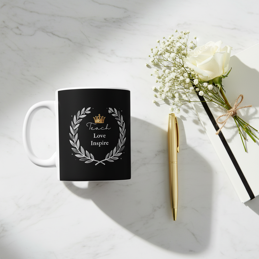 Black personalized teacher mug with crown and “Teach Love Inspire” laurel wreath