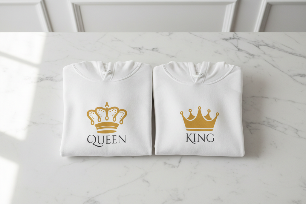 White hooded sweatshirts with crown logos reading QUEEN and KING, folded side-by-side