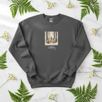 Charcoal woodland birthday animals sweatshirt, full front graphic with foxes and trees