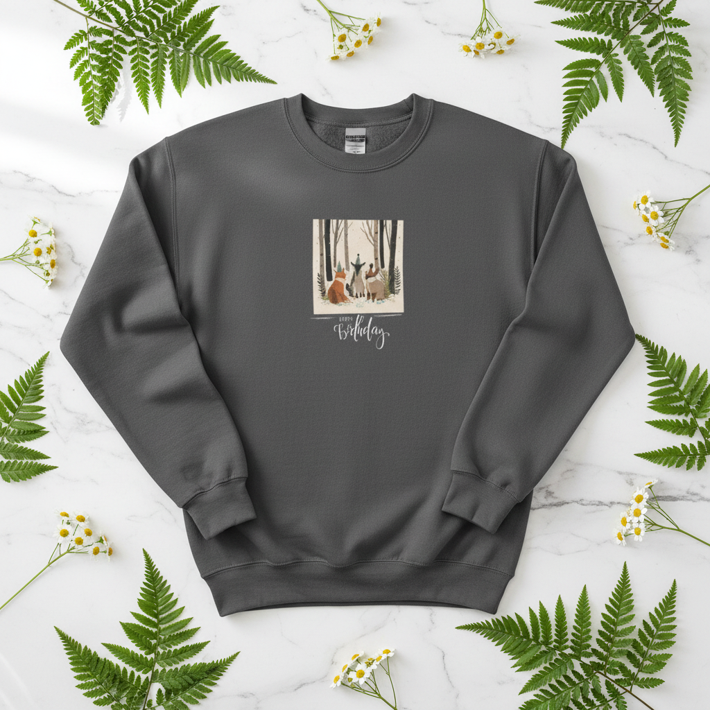 Charcoal woodland birthday animals sweatshirt, full front graphic with foxes and trees