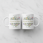 White mug with floral band, 'Lucas & Grace' and 'July 18, 2025'