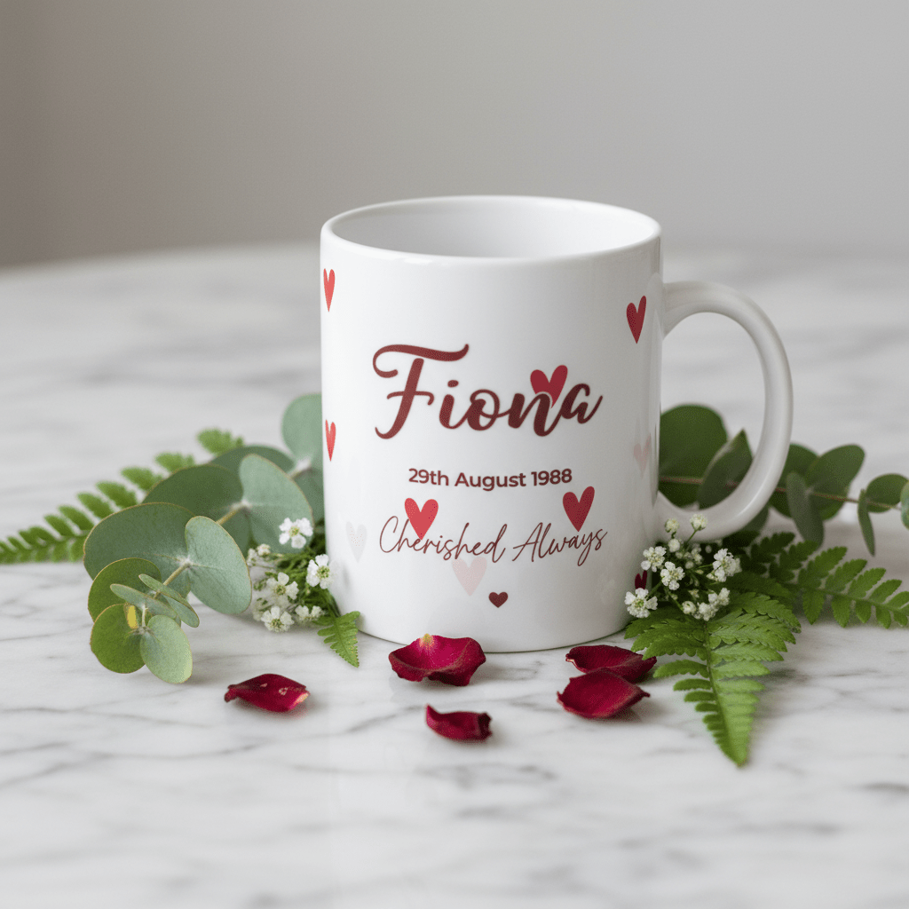 White ceramic heart-themed mug with red name 'Fiona' and date '29th August 1988'.