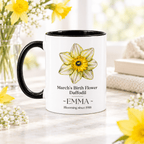 Personalised birth flower mug with black handle; March daffodil; name EMMA.