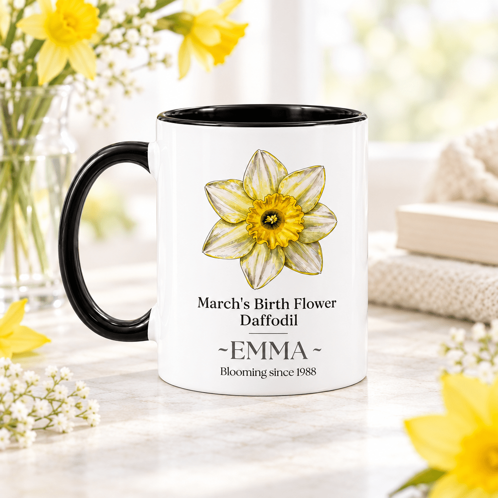 Personalised birth flower mug with black handle; March daffodil; name EMMA.