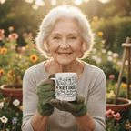 Retired Time to Garden mug with custom name held by smiling older woman
