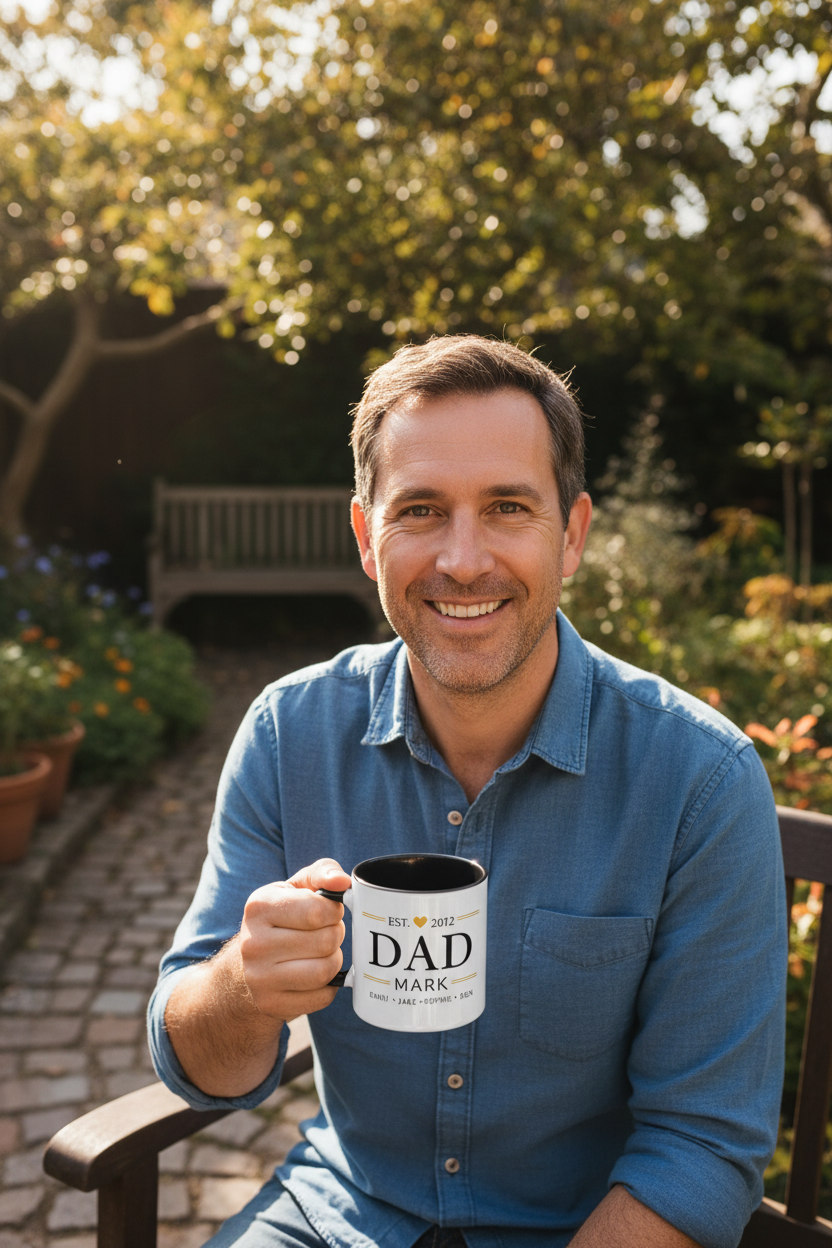Two-tone dad coffee mug, black rim and handle; “DAD” with “MARK” personalization.