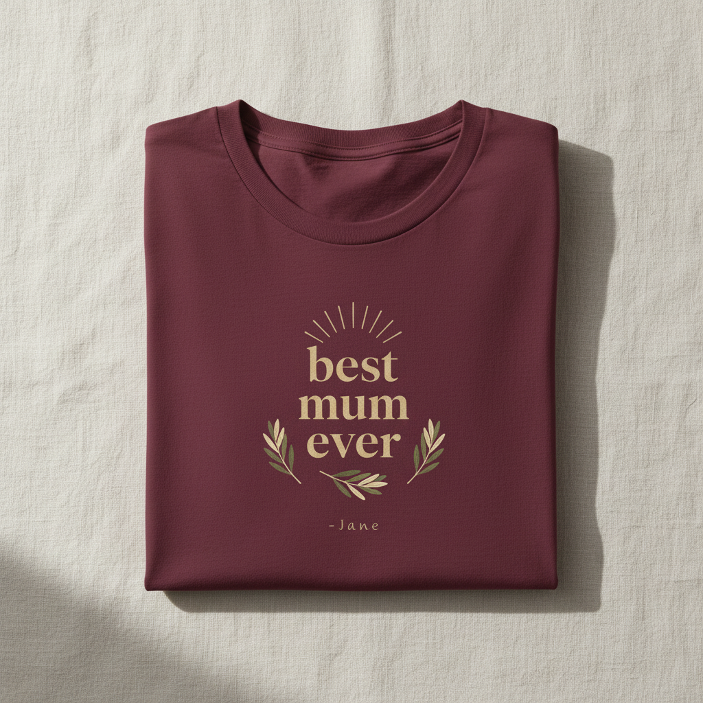 Maroon T-shirt with “best mum ever” floral badge print, personalized “Jane”