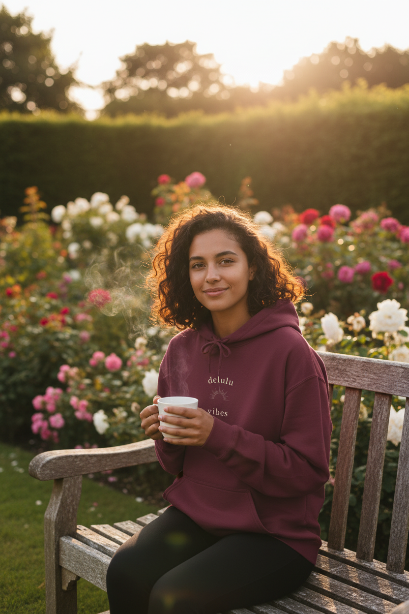 Maroon hoodie with 'delulu vibes' logo and heart on chest, front view while seated.