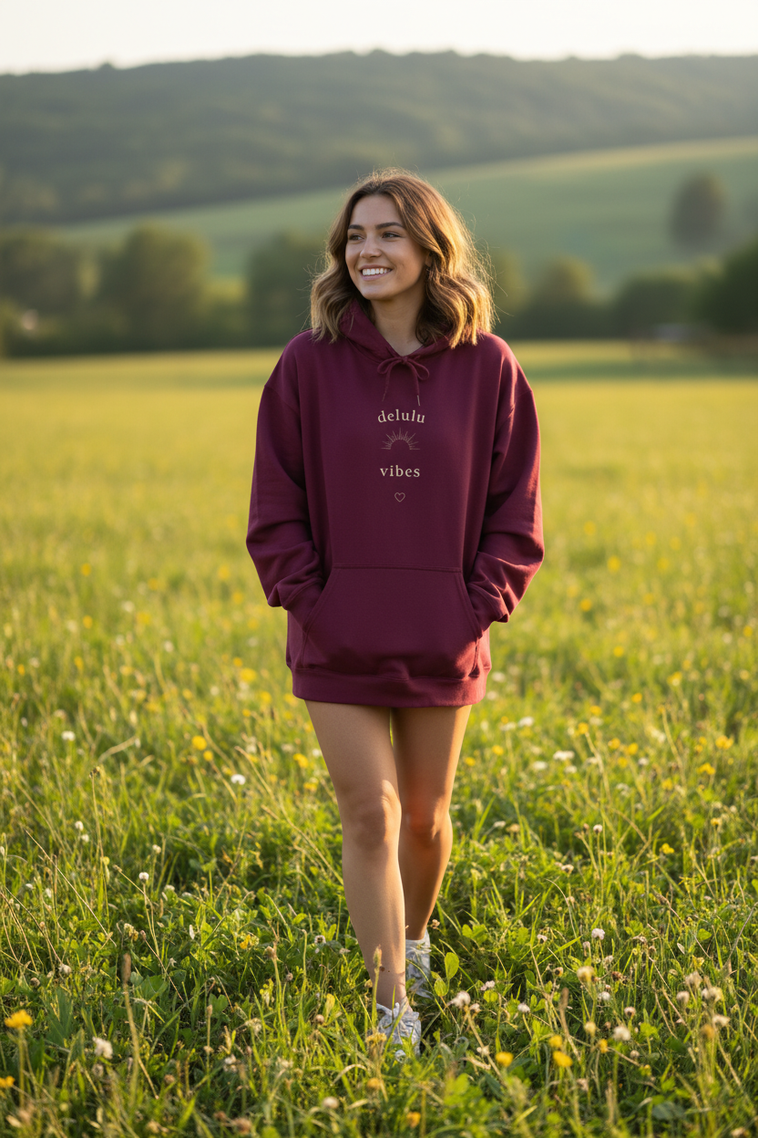 Maroon hoodie with 'delulu vibes' logo and heart on chest, hooded sweatshirt.