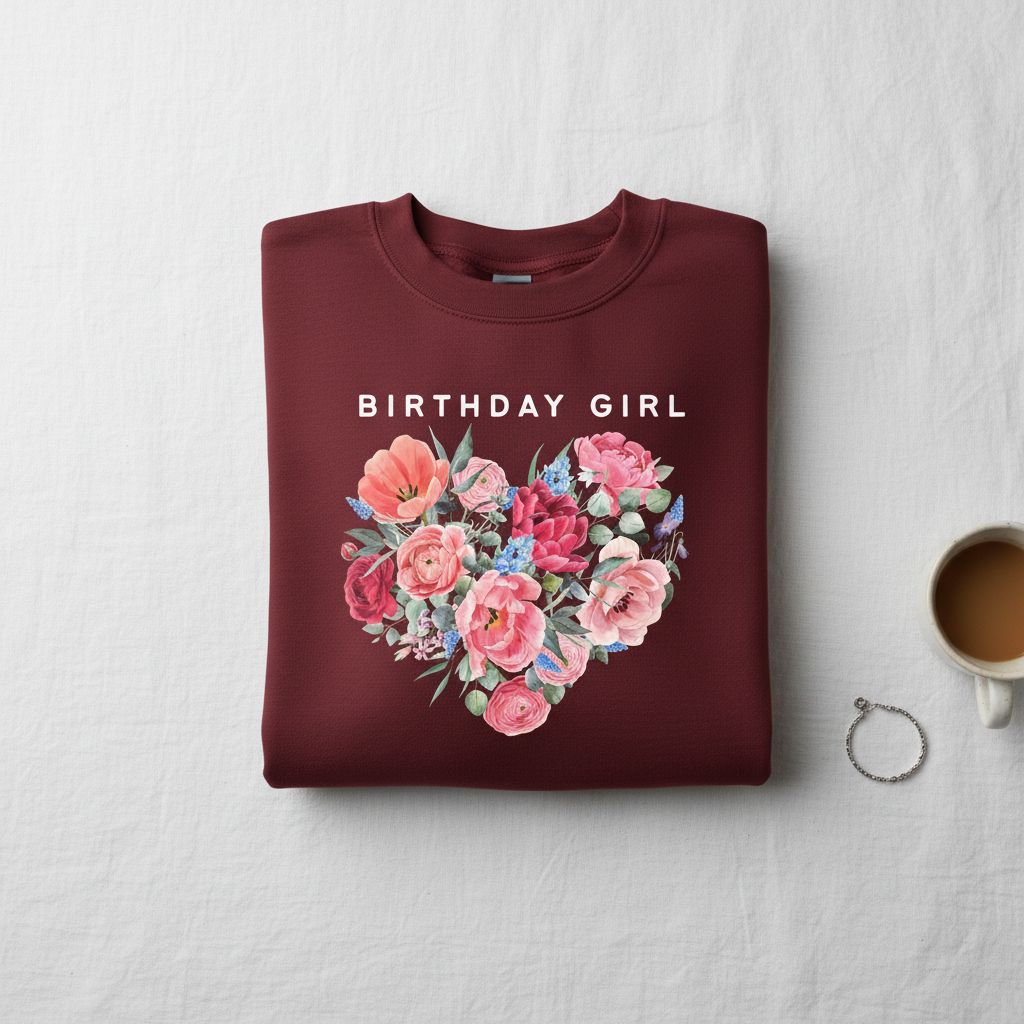 Maroon crewneck sweatshirt featuring "BIRTHDAY GIRL" and floral heart design