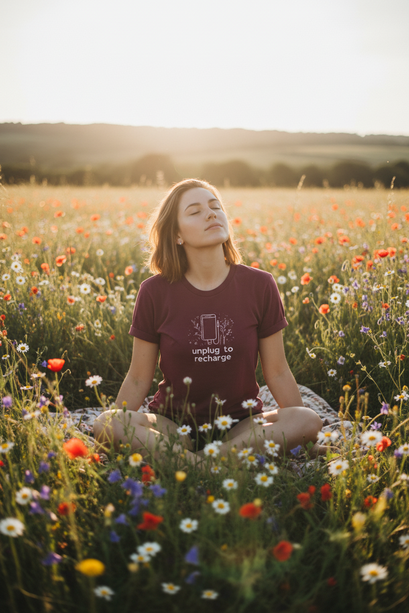 Unisex t-shirt in maroon with unplug-to-recharge graphic on chest