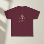 Maroon T-shirt with gold "best mum ever" and "my whole heart" text print