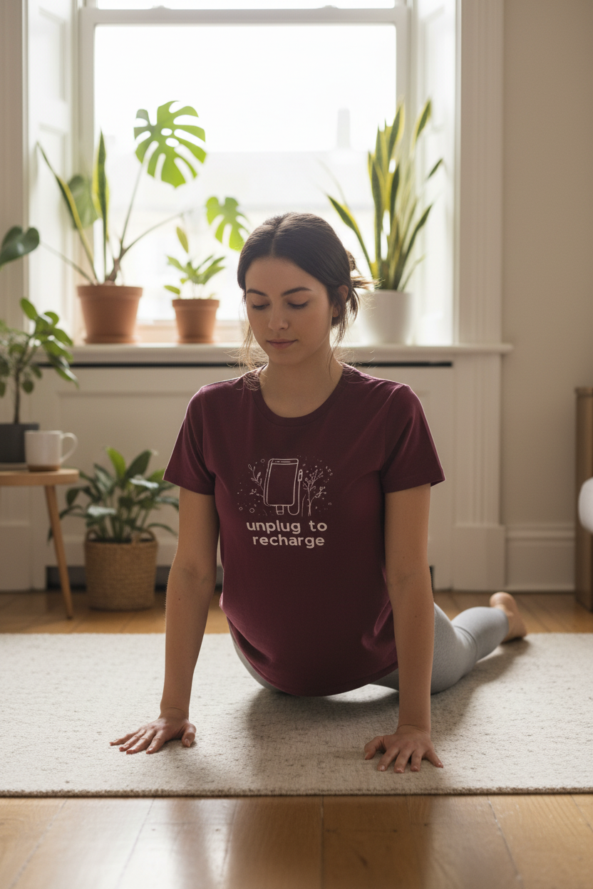 Maroon unisex t-shirt with unplug-to-recharge graphic on chest