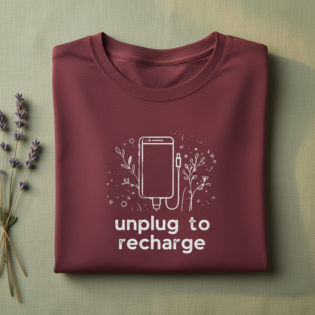 Unisex T-shirt in maroon with unplug to recharge phone graphic