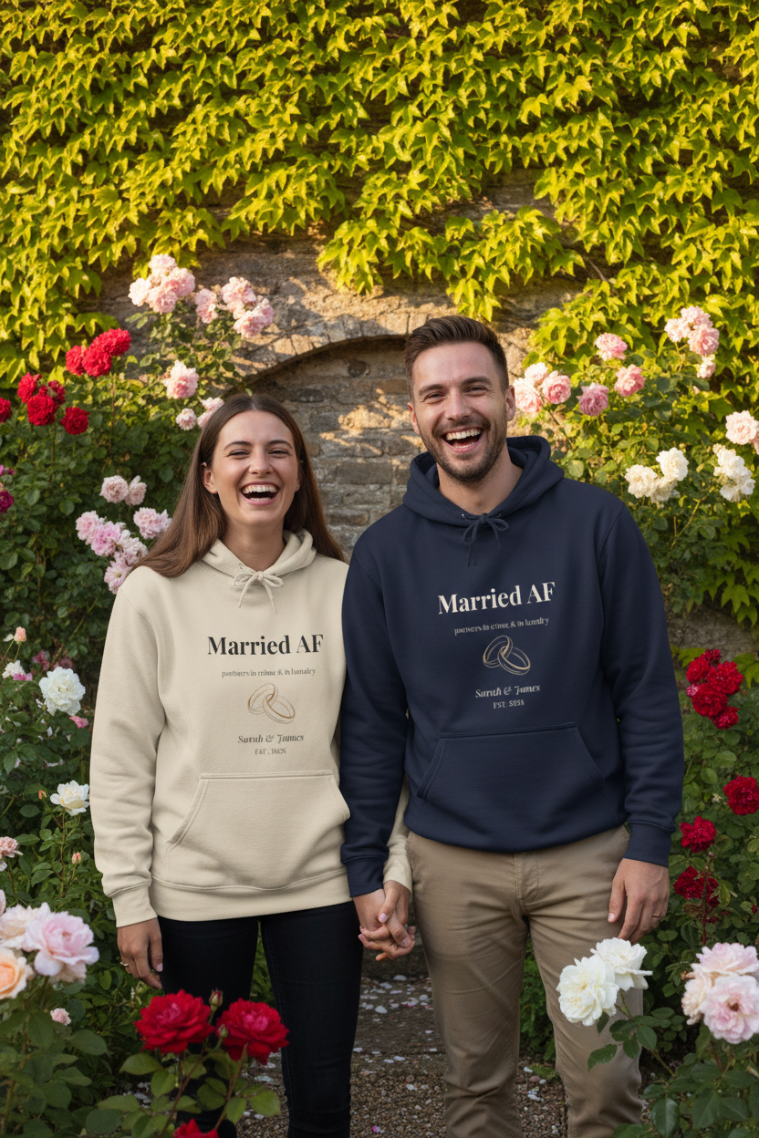 Cream and navy hoodies with “Married AF” front print and ring graphic