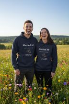 Navy couples hoodies with “Married AF” front print and ring graphic