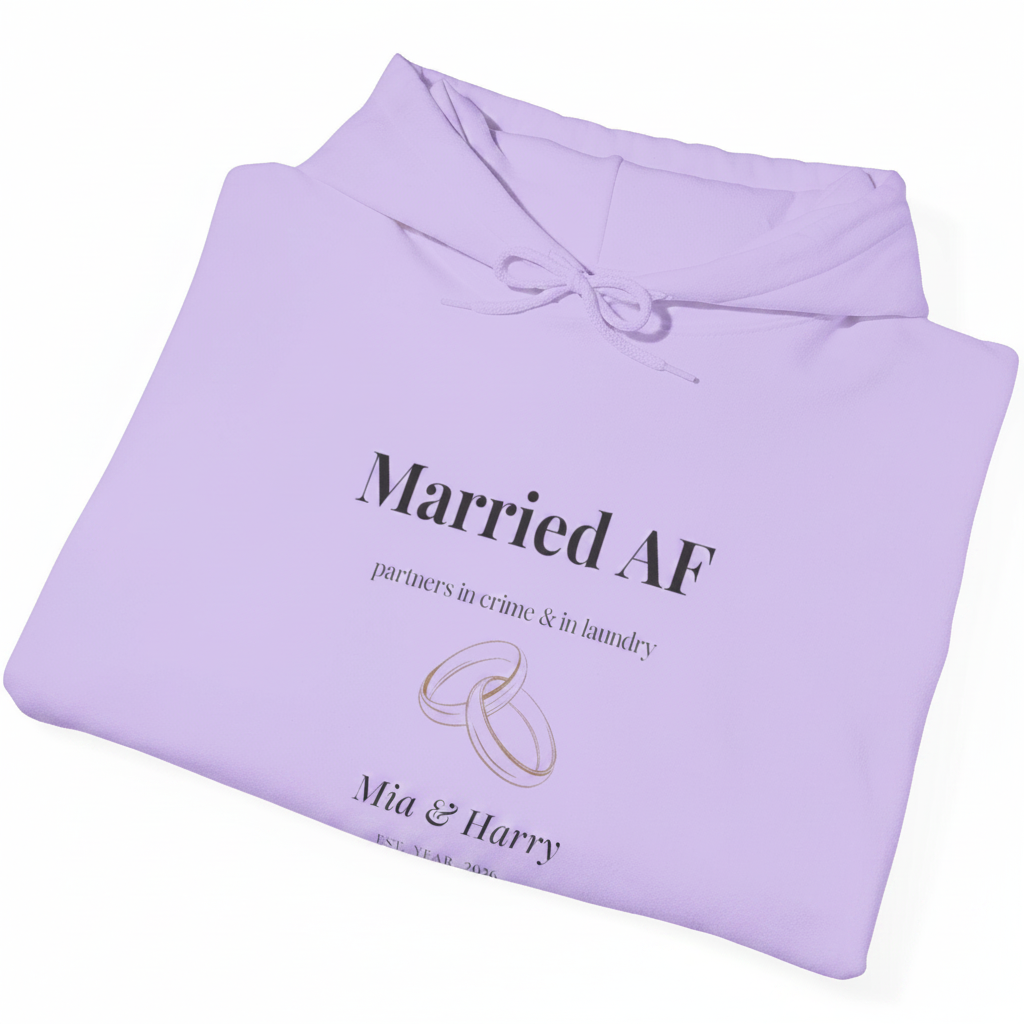 Lavender hoodie, front “Married AF” print with ring graphic and names