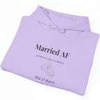 Lavender hoodie, front “Married AF” print with ring graphic and names