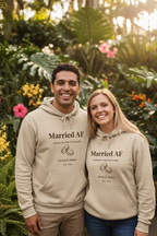 Beige couples hoodies with “Married AF” front print and ring graphic
