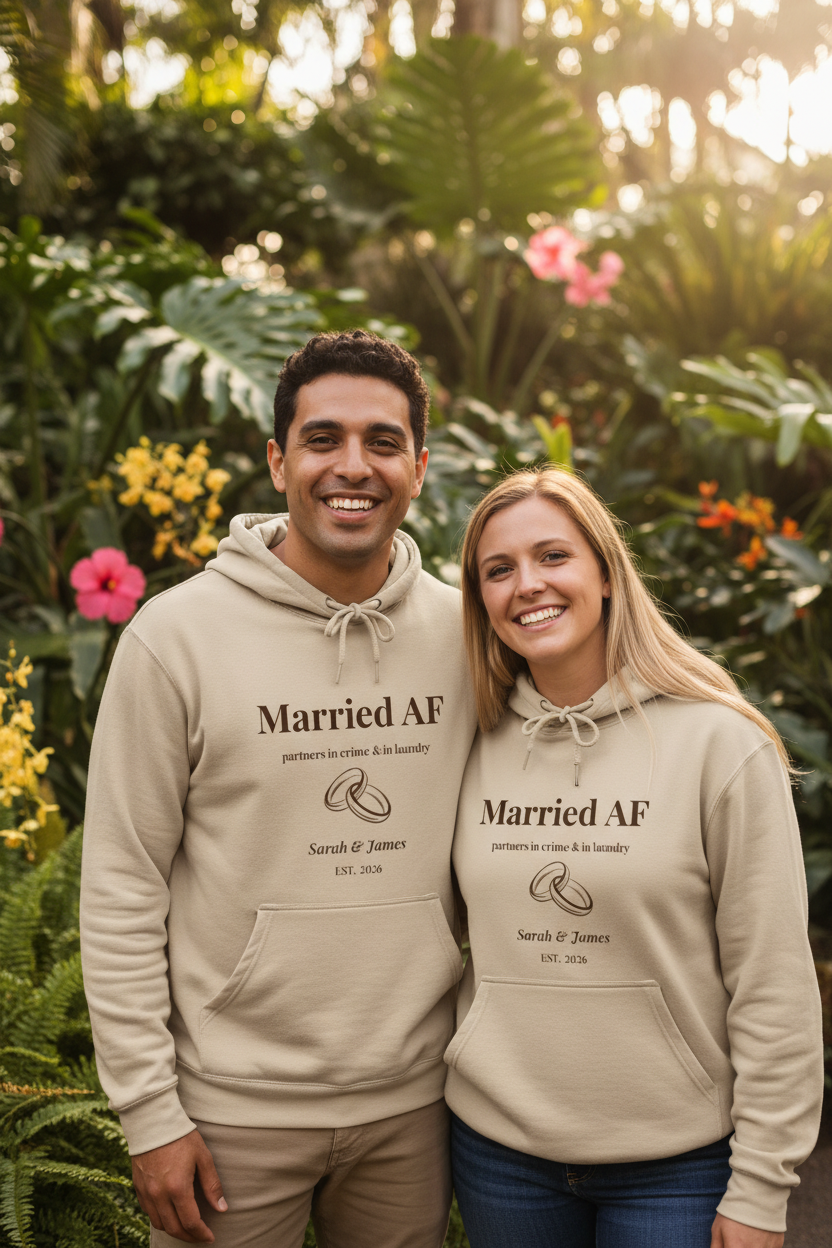 Beige couples hoodies with “Married AF” front print and ring graphic