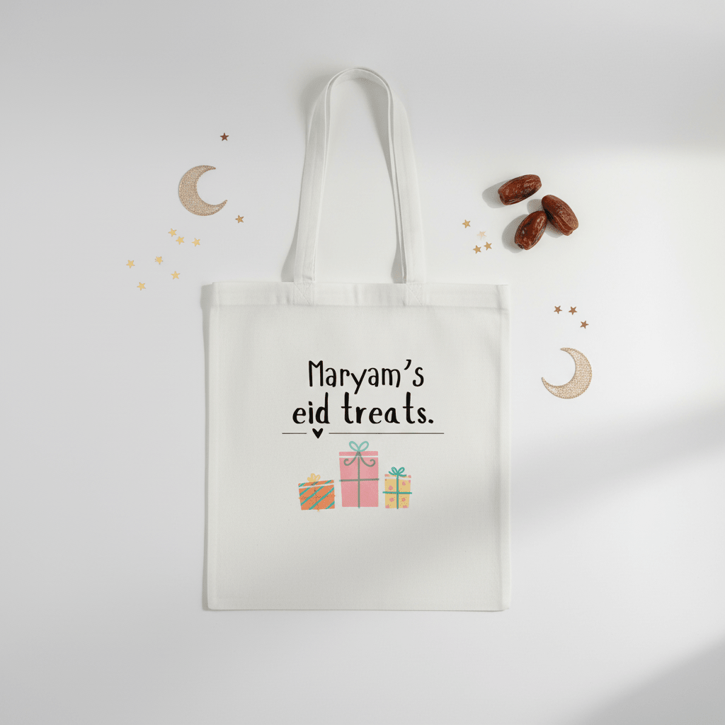 White cotton tote bag with handles and “Mariam’s eid treats” print with gift icons.