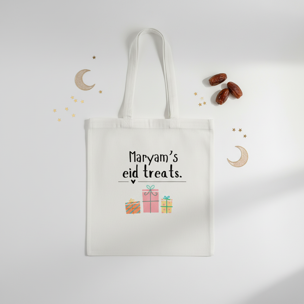 Maryam's Eid Treats Tote - White Minimalist Eid Flatlay