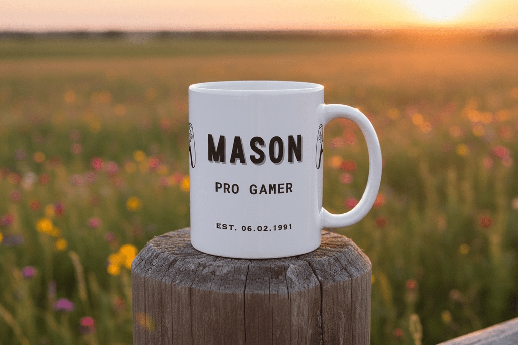 White personalised gamer mug with 'MASON' text, 'PRO GAMER' and 'Est.' date