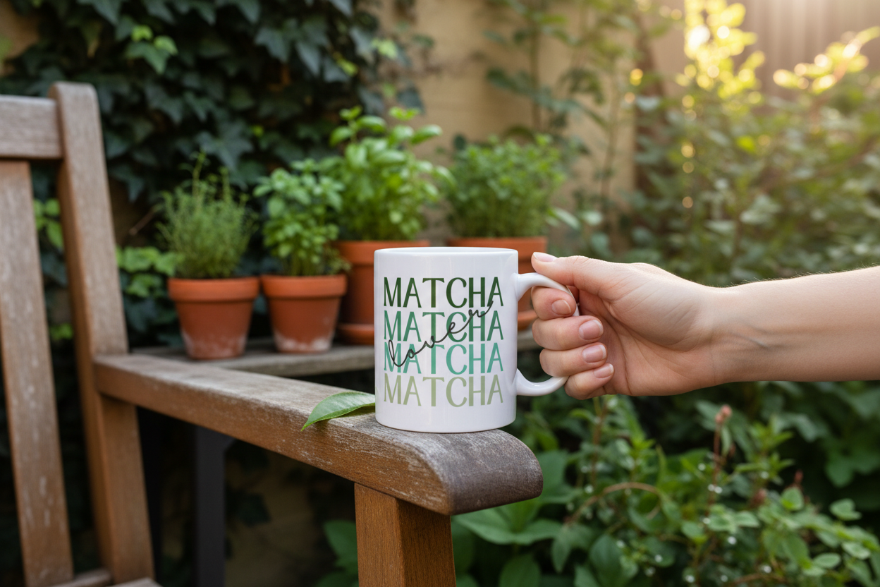 White ceramic matcha mug with green MATCHA text, hand holding