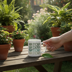 White ceramic matcha mug with green MATCHA text, mug on table with leaf