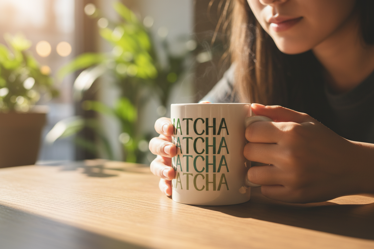Close view of white ceramic mug with repeating MATCHA text in green being held.